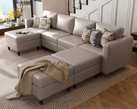 ABCASA 118.5" U Shaped Leather Couch, 7 Seater Oversized Modular Sectional Sofa with Storage Seat & Movable Ottoman, Comfy Pet-Friendly Faux Leather Couches for Living Room,Apartment,Gray