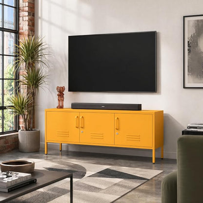 Metal Storage Cabinet with Adjustable Shelves Lockable TV Stand Home Tool Metal Cabinet Easy Assembly Yellow 22" H X 47.3" W X 13.8" D