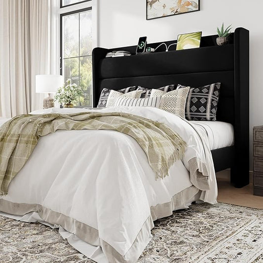 Allewie Full Size Upholstered Bed Frame with Charging Station & Storage Headboard, Soft Velvet Wingback Platform Bed, Strong Wooden Slats Support, No Box Spring Needed, Easy Assembly, Black