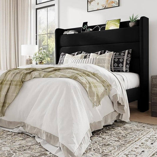 Allewie Queen Size Upholstered Bed Frame with Charging Station & Storage Headboard, Soft Velvet Wingback Platform Bed, Strong Wooden Slats Support, No Box Spring Needed, Easy Assembly, Black