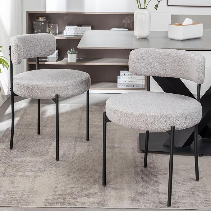 Cinxzar Boucle Dining Chairs Set of 2, Upholstered Dining Room Chairs with Black Metal Legs, Round Modern Dining Chair for Dining Room, Kitchen (Light Grey)