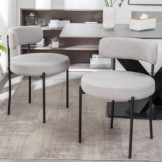 Cinxzar Boucle Dining Chairs Set of 2, Upholstered Dining Room Chairs with Black Metal Legs, Round Modern Dining Chair for Dining Room, Kitchen (Light Grey)