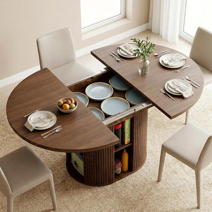 43.3''–59'' Extendable Round Dining Table for 4–8, Modern Wood Oval Kitchen Table with Storage Shelf, Space-Saving Expandable Circle Dinner Table for Dining Room or Living Room (Walnut)