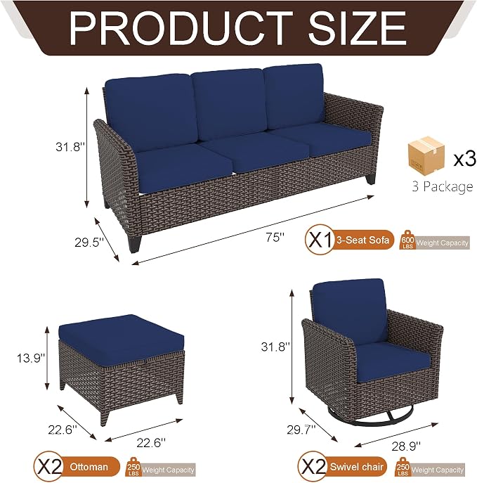 5 Pieces Patio Furniture Set, PE Wicker 75" Couch with 2 High Back Swivel Chairs & 2 Ottomans, All-Weather Rattan Furniture with Waterproof Cushions for Deck, Garden, Porch