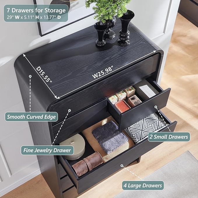 Aitjunz Modern 7 Drawers Dresser for Bedroom, 55" Tall Dressers & Chest of Drawers w/Curved Profile Design, Wood Mid Century Vertical Storage Dressers Organizer for Bedroom, Living Room, Black