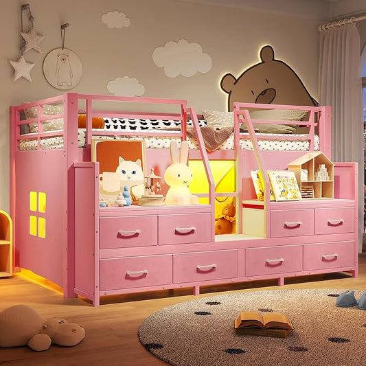 Bellemave Twin Size Loft Bed with 8 Non-Woven Fabric Storage Drawers and Bookshelf, Low Loft Bed with Lights and Private Play Curtain, Twin Loft Beds with High Rails, Noise Reduced Pink