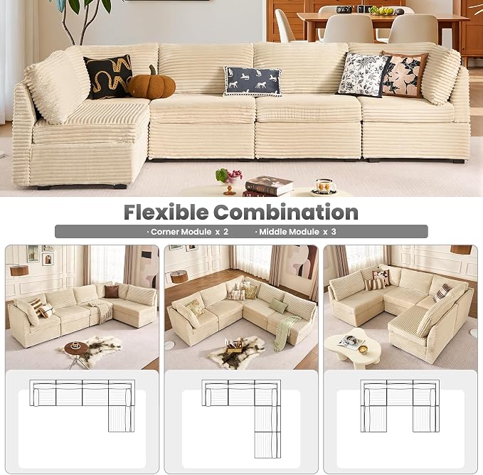 ovios Modular Sectional Sofa Couch with U-Shape Chaise Oversized, Comfy Plush Corduroy Cloud Couches, Modern Luxury Deep Seat Sofas Set for Living Room, 5-Seater, Beige