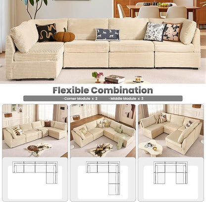ovios Modular Sectional Sofa Couch with U-Shape Chaise Oversized, Comfy Plush Corduroy Cloud Couches, Modern Luxury Deep Seat Sofas Set for Living Room, 5-Seater, Beige