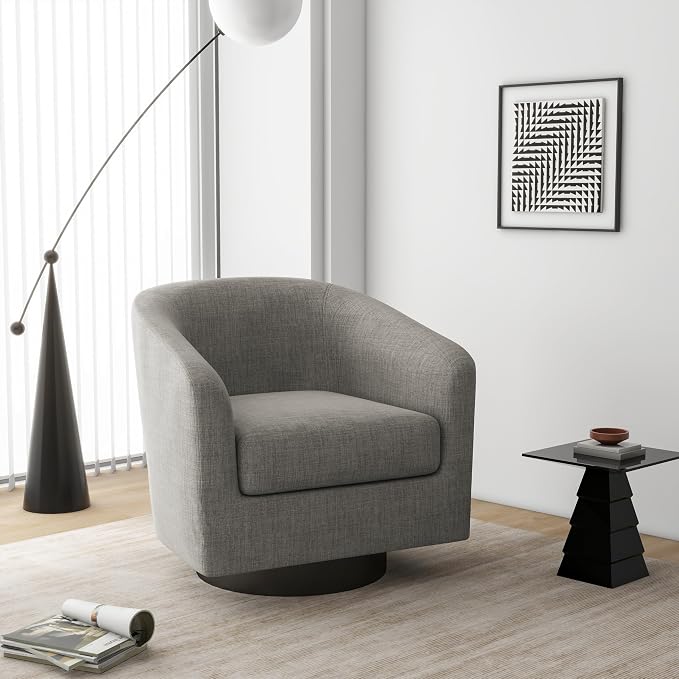 Swivel Barrel Accent Chair, Modern Round Linen Arm Chair for Living Room, Bedroom, Comfy Club Reading Chairs for Adults（Linen Fabric, Khaki, Set of 2
