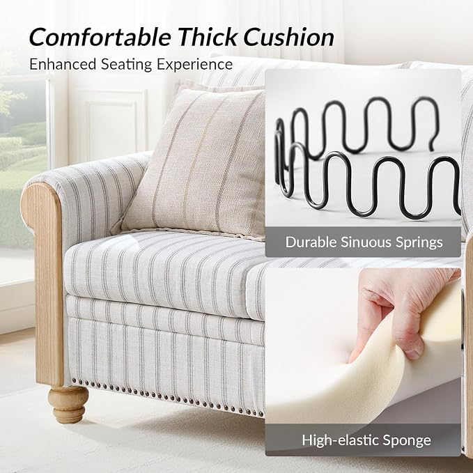 Farmhouse Loveseat with Rolled Arms,Stripe Modern Sofa with Brushed Wood Gourd Feet & Copper Nailhead Trim, Linen Fabric Upholstered Couches for Living Room