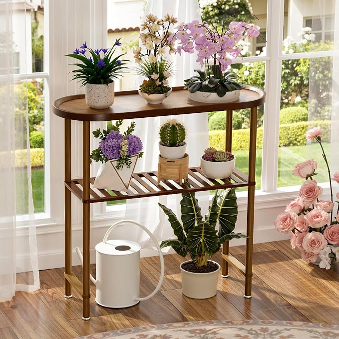 Small Entryway Table Bamboo 30.7", Narrow Hallway Table 2-tier, Slim Console Table with Anti-fall Edge, Sofa Side Table 5min Easy Assembly, Small TV Stand for Bedroom, Indoor Plant Stand, Dark Walnut