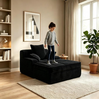 57 Inch Boneless Couch Lounge Chaise, Corduroy Upholstered Boneless Sofa Bed, Deep Seat Sleeper Couch Reading Chairs, Cozy Cloud Sofa Couches for Small Spaces, No Assembly Required, Black