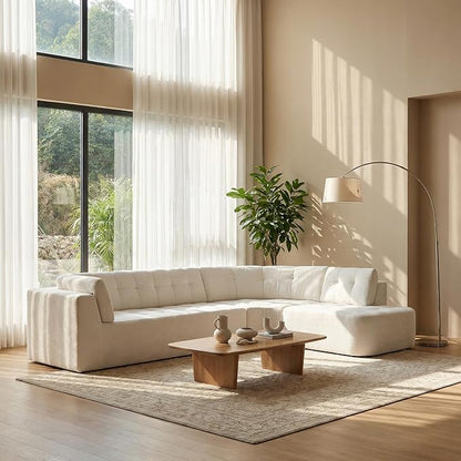 119'' Sectional Sofa, Curved L-Style Right-Hand Facing Couch with Fully Upholstered Arms, Tufted Design, Modern Minimalist Look, Beige