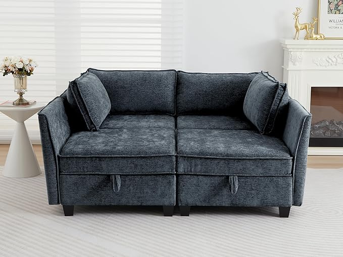 ORRD Sleeper Modular Sectional Sofa Set, Convertible Couch Bed with Storage, 4 Seater and 4 Armrestes Sofa Modular for Living Room, Office (Blue Grey)