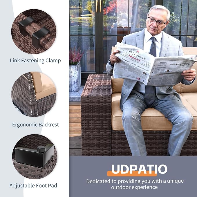 UDPATIO Patio Furniture Set with Fire Pit Table, 8 Inch Armrest 7 Piece Outdoor Sectional Sofas, All-Weather Wicker Conversation for Garden, Backyard, Brown/Khaki