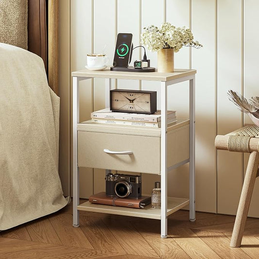 SUPERJARE Nightstand with Charging Station, Bed Side Table with Adjustable Fabric Drawer, Night Stand for Bedroom, 3-Tier Storage End Table, for Living Room, White Maple