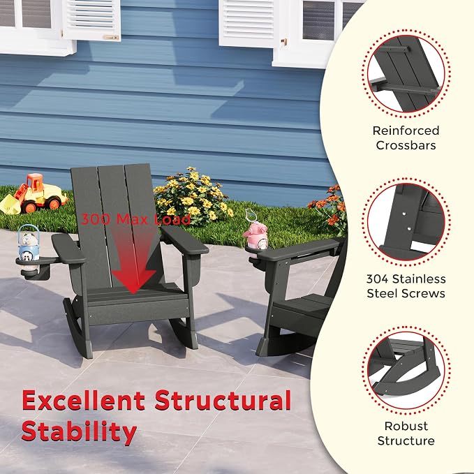Costaelm Palms 3-Piece Kids Table and Chairs Set with Modern Toddler Rocking Chairs and Cup Holders, Gray