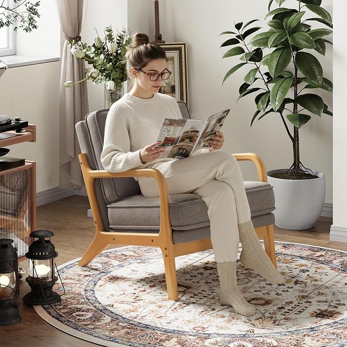 MALOL Mid-Century Accent Chair Set of 2 with Solid Wood Frame, Reading Relaxing Armchair Lumbar Pillow& Soft Cushion, Leisure Chair for Living Room, Bedroom, Waiting Room-Grey
