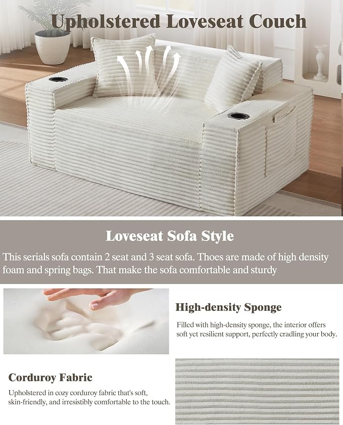 43.3" Boneless Chair with Cup Holder,Oversize Accent Chair with Side Pocket, Large Reading Sofa Chair for Compact Living Rooms, Apartments (Beige White, Single Sofa Chair)