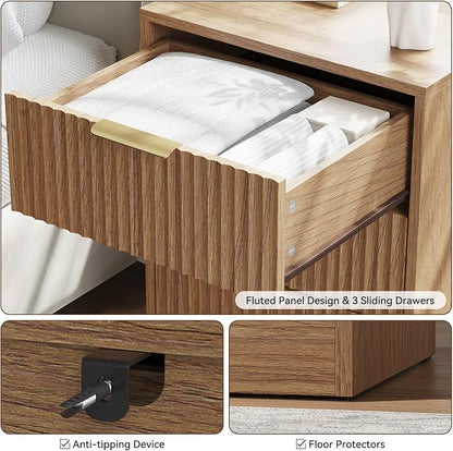 8 Drawer Dresser & 3 Drawer Nightstand Set 3-Piece, Tall Fluted Dresser and Night Stand Set of 2 w/Metal Handle, Modern Wood Chest of Drawers Storage Dressers Set for Bedroom, Natural Wood