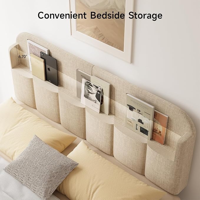 Headboard for Full/Queen Size with LED Light, Upholstered Bed HeadBoard with Storage, Linen Fabric Head Board with Vertical Channel Design, Height Adjustable, Easy to Assemble, Beige
