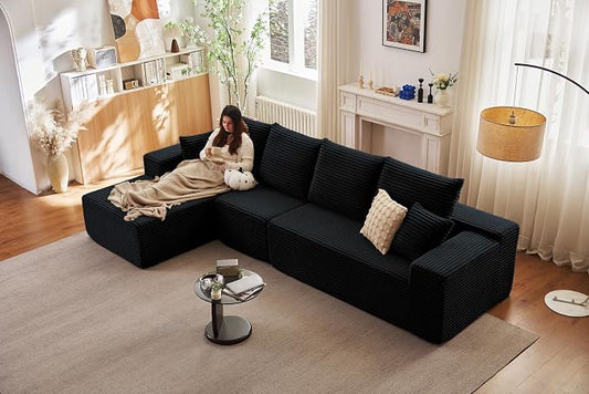 135” Cloud Sectional Couch, Boneless Sofa for Living Room, Modular Sectional Sofa with Deep Seat, Fluffy Couch with L-Shaped Chaise, No Assembly Required Black