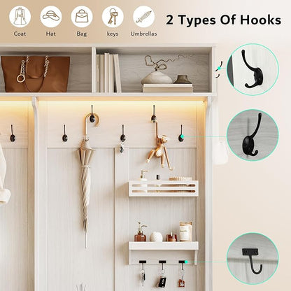 iPormis 70“ Large Hall Tree with Bench and Adjustable Shoe Storage, 6-in-1 Farmhouse Entryway Bench w/Coat Rack, Top Storage, Small Shelves for Entryway, Living Room, Led Lights, White