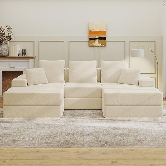 Living&Giving 101" U-Shaped Cloud Sectional Couch for Living Room, Cloud Boneless Couch-No Assembly with Reversible Chaise, Customizable 3-Seat Modular Sectional Sofa with 2 Ottoman, Beige