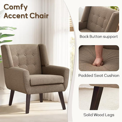 HUIMO Living Room Accent Chair Set of 2, Upholstered Button Tufted Armchair with Wooden Legs, Linen Fabric Sofa Chairs for Bedroom, Living Room, Mid-Century Modern Comfy Reading Chair (2 PCS, Brown)