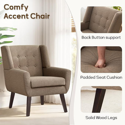 HUIMO Accent Chairs for Living Room,Linen Button-Tufted Upholstered Armchair with Wooden Legs,Comfy Mid Century Modern Chair for Bedroom Apartment Waiting Room Brown