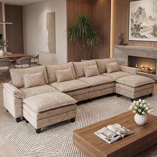 URRED Oversized Modular Sectional Sofa, 157" U Shaped Modern Comfy Cloud Couch with Movable Ottoman & Pillows, Deep Seat Couches for Living Room, Bedroom or Apartment (Chenille Khaki, 157" U Shaped)