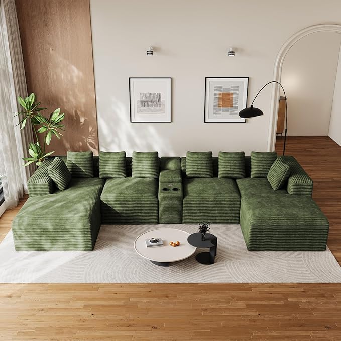 143" Oversized U Shaped Cloud Sectional Couches for Living Room, Comfy Fluffy Corduroy Green Boneless Couch, Large Modular Sectional Sofa Set with Chaise, Cup Holder, USB Port, Storage Console