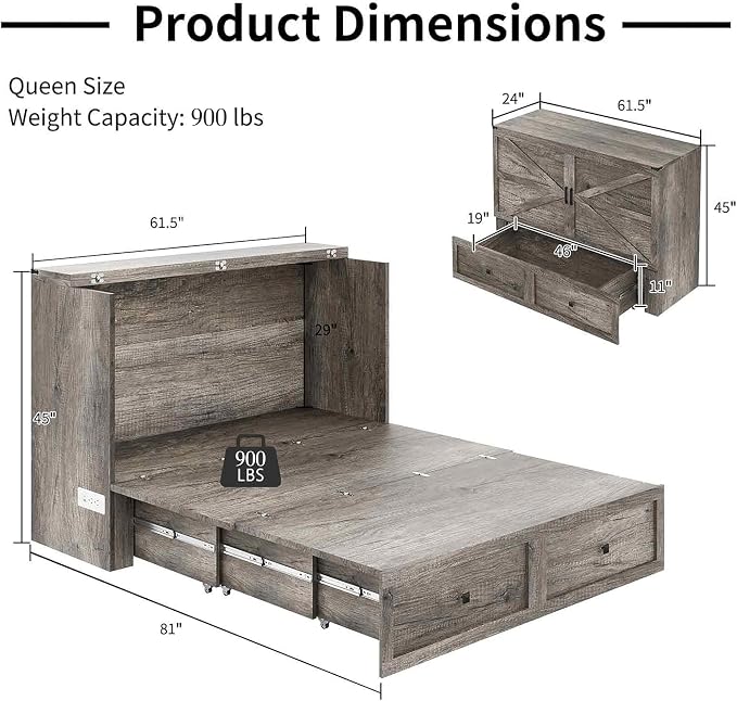LUXOAK Murphy Bed Queen Size, Cabinet Bed with Charging Station Large Storage Drawer for Home Office or Small Room, Hideaway Bed Full Foldable Platform Bed, Rustic Grey