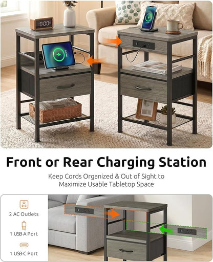Lazzanto Nightstands Set of 2 with Charging Station, Bedside Tables with Open Shelf & Hooks, End Tables with USB-C USB-A Ports AC Outlets, Night Stand for Bedroom with Fabric Drawer, Grey