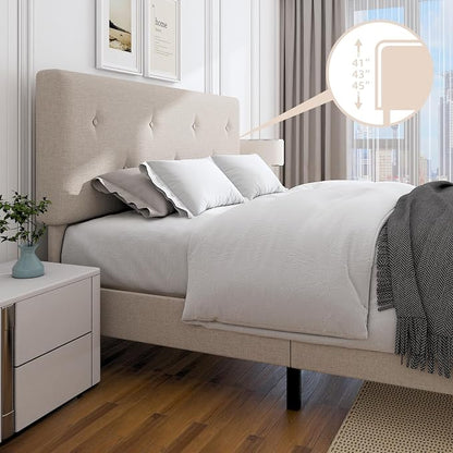 Queen Size Linen Bed Frame, Upholstered Platform Bed Frame with Adjustable Headboard, Wooden Slats Support, No Box Spring Needed, Easy Assembly, Beige
