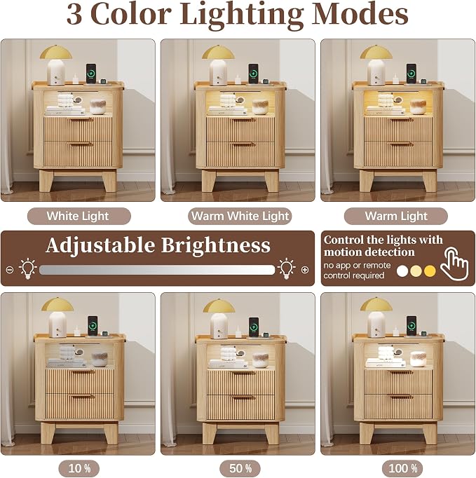 Baoz Fluted Nightstand with Charging Station & 2 Drawers, Natural Oak | 20" Wide Mid Century Modern Bedside Table with Light Wood Curved Profile 27in Tall LED Night Stand for Bedroom