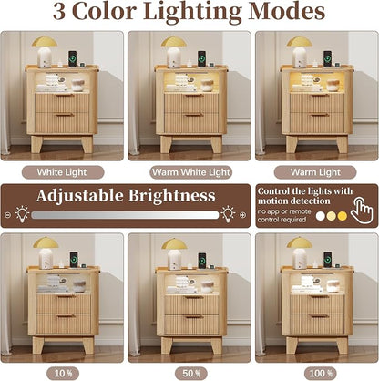 Baoz Fluted Nightstand with Charging Station & 2 Drawers, Natural Oak | 20" Wide Mid Century Modern Bedside Table with Light Wood Curved Profile 27in Tall LED Night Stand for Bedroom