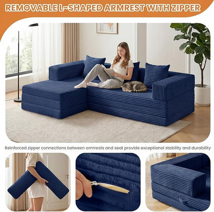79" Modular Sectional Sofa, Boneless Convertible Sleeper Sofa Bed, Modern Tri-Folding Cloud Couch with L-Shape Chaise, Corduroy Futon for Living Room Small Spaces Apartment, No Assembly,Blue