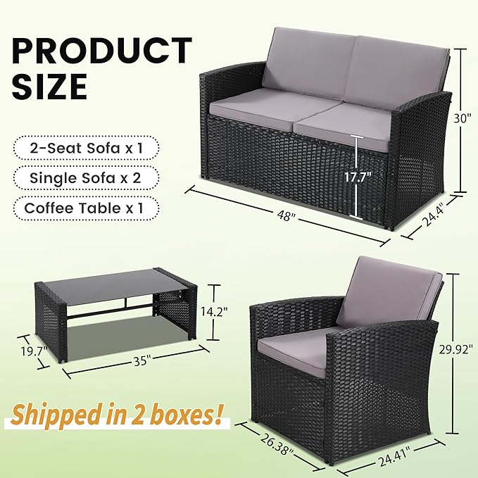 KROFEM 4-Piece Patio Furniture Set, Wicker Outdoor Rattan Sectional Sofa with Cushions and Glass Table, All-Weather Outdoor Conversation Set for Garden, Porch, Backyard, Patio, Black and Grey