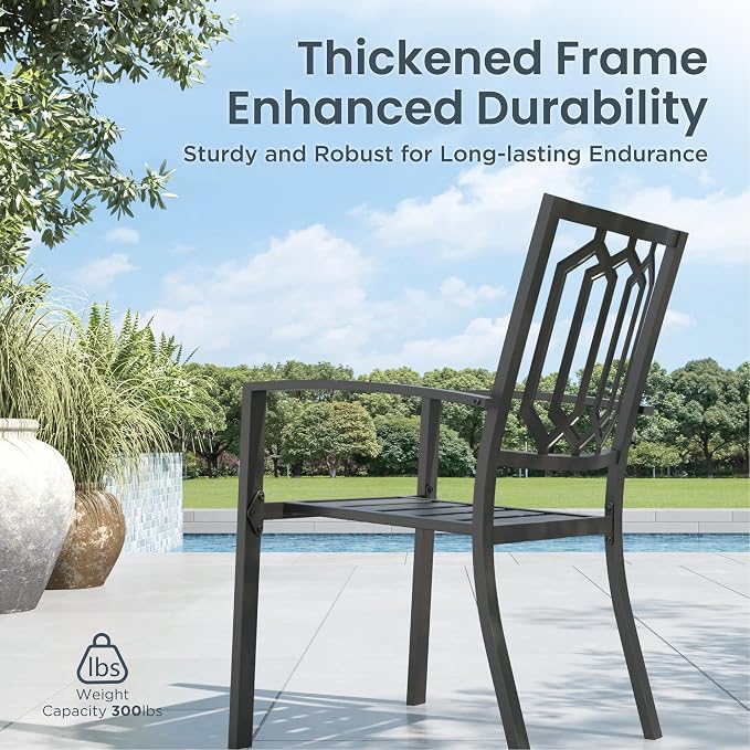 PHI VILLA 9 Pieces Outdoor Dining Set for 8, 57.5" Black Square Metal Table with Umbrella Hole & Stackable Wrought Iron Chairs, Large Outside Furniture Set for Patio, Deck, Yard, Porch