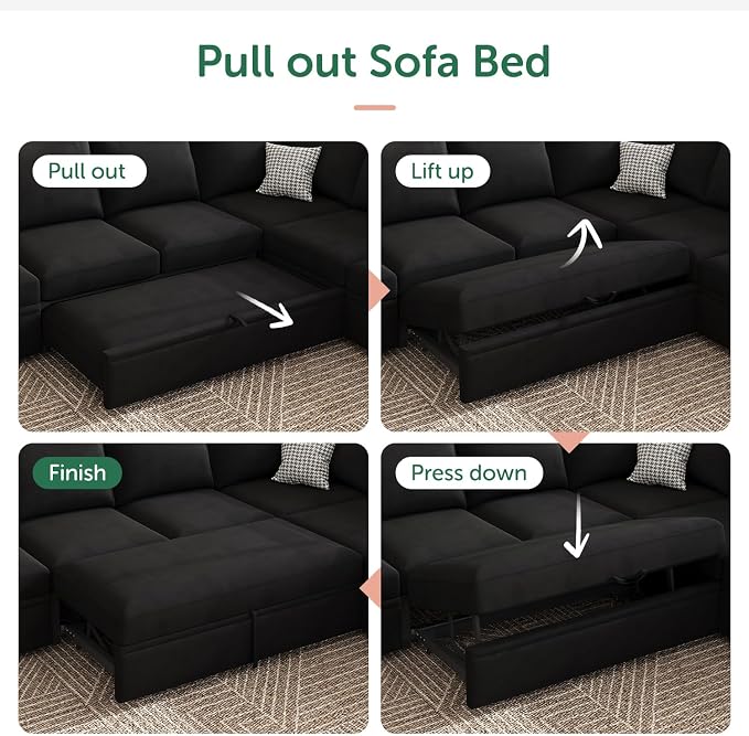 HONBAY Modular Sectional Sleeper Sofa Bed, with Pull Out Bed, Linen Convertible Sectional Couches for Living Room - Black