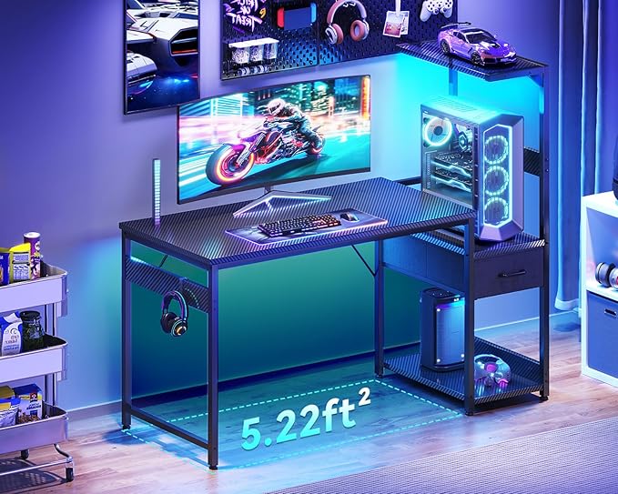 Casaottima 48'' Gaming Desk with LED Lights & CPU Stand, Reversible Computer Desk with Storage Shelves & Fabric Drawer, Modern PC Gamer Table with Headphone Hook, Carbon Fiber Black