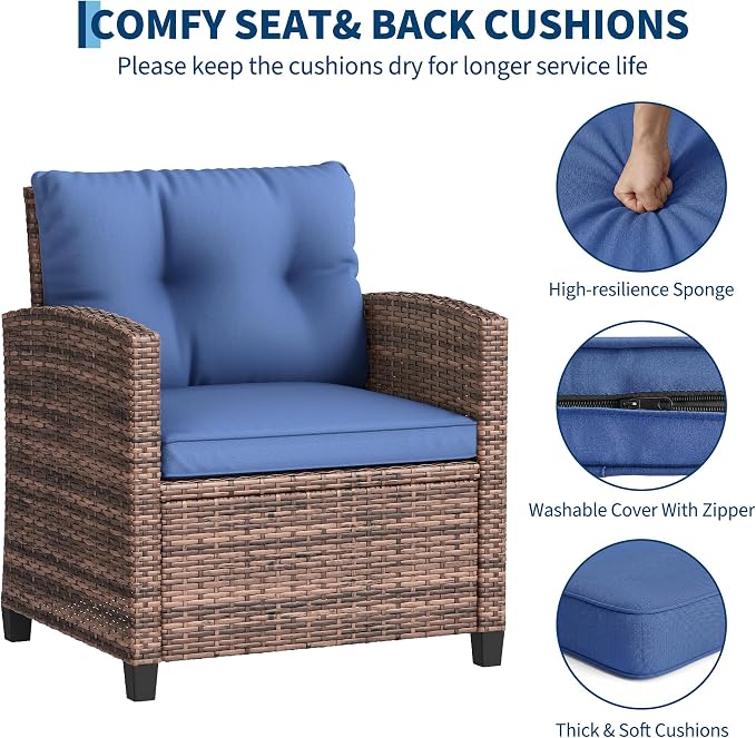 GarveeLife 3 Pieces Patio Furniture Set, PE Rattan Patio Conversation Set with Tempered Glass Tabletop, Outdoor Wicker Chairs and Table Set for Patio Balcony Garden, Brown & Blue
