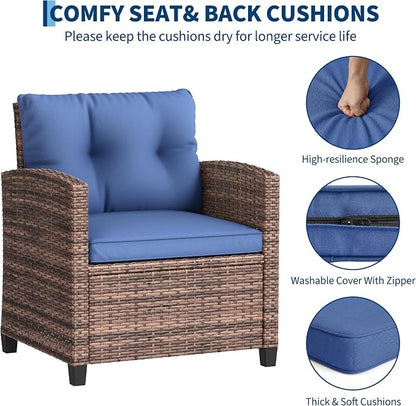 GarveeLife 3 Pieces Patio Furniture Set, PE Rattan Patio Conversation Set with Tempered Glass Tabletop, Outdoor Wicker Chairs and Table Set for Patio Balcony Garden, Brown & Blue