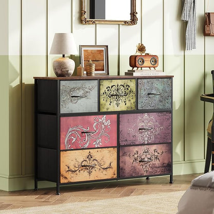 WLIVE 7 Drawer Dresser TV Stand, Entertainment Center, Media Console Table with Metal Frame and Wood Top for TV up to 45 inch, Chest of Drawers for Bedroom, Living Room, Pattern