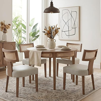 HNY Mid Century Modern Rattan Dining Chairs Set of 2, Farmhouse PU Leather Upholstered Accent Chair Curved Backrest Kitchen Chairs, with Hardwood Frame, Grey
