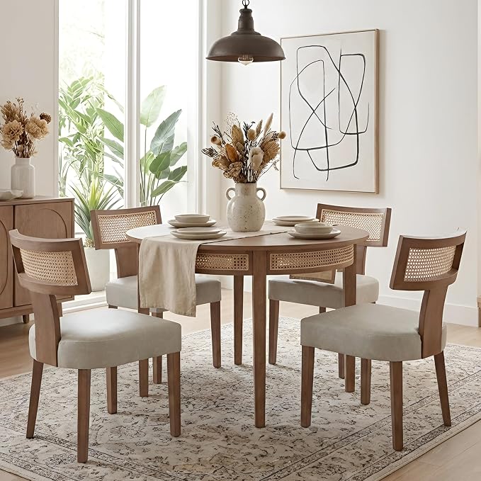 HNY Mid Century Modern Rattan Dining Chairs Set of 6, Farmhouse PU Leather Upholstered Accent Chair Curved Backrest Kitchen Chairs, with Hardwood Frame, Grey
