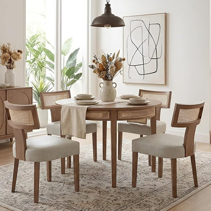 HNY Mid Century Modern Rattan Dining Chairs Set of 4, Farmhouse PU Leather Upholstered Accent Chair Curved Backrest Kitchen Chairs, with Hardwood Frame, Grey