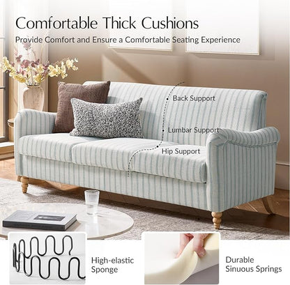 HULALA HOME Farmhouse Curved Couch with Stripe Pattern, 3 Seater Sofa with Solid Wood Spindle Legs and Rolled Wide Armrests, Comfy Upholstered Sofa for Living Room Bedroom, Blue