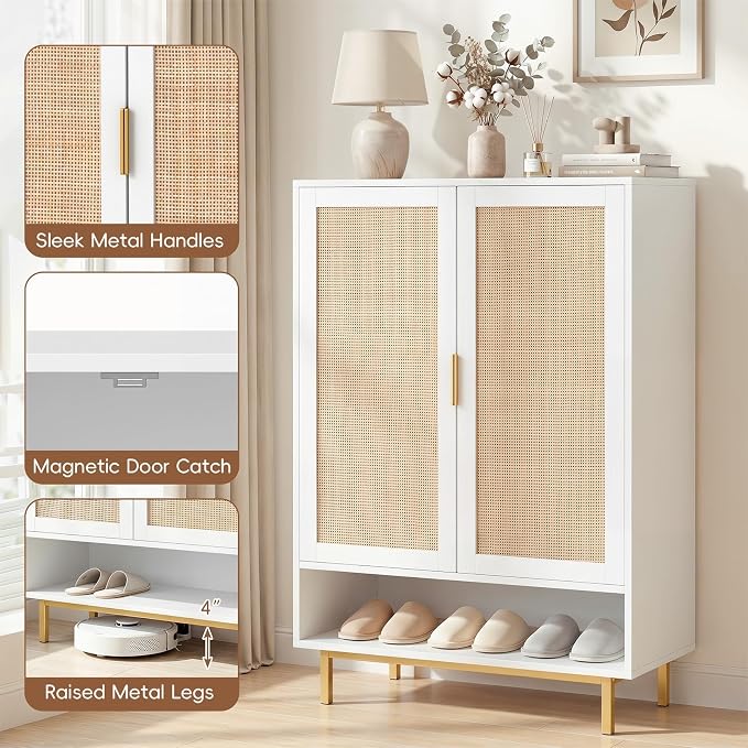 LOKO Shoe Storage Cabinet with 2 Doors, 6-Tier Rattan Shoe Organizer with Adjustable Shelves & Open Compartment, Freestanding Hidden Shoe Cabinet for Entryway, Closet & Living Room (White)